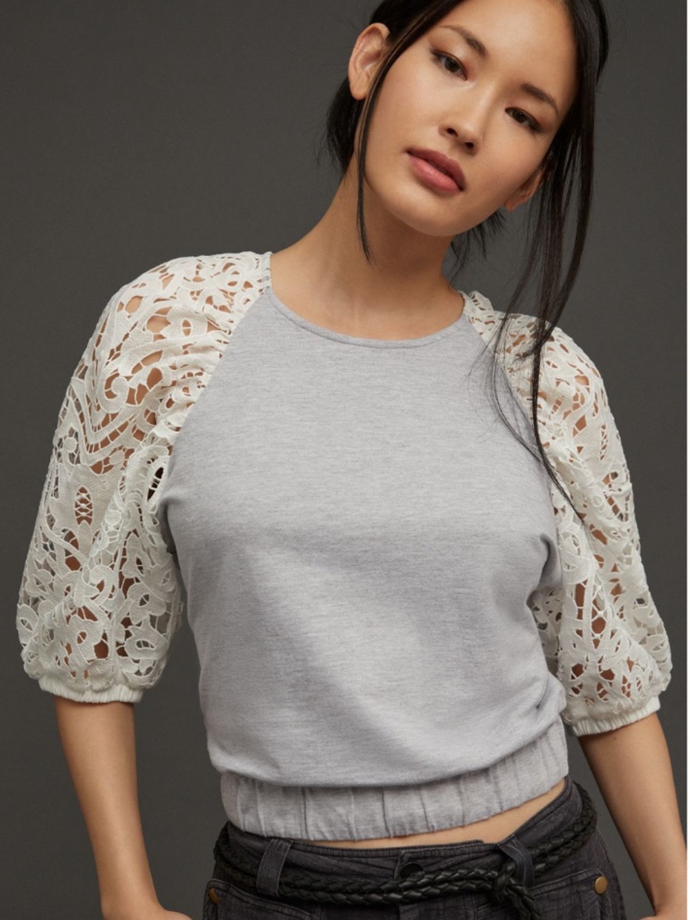 Anthropologie (DOLAN) Grey Lace Sleeve Sweatshirt. XL. Brand new!